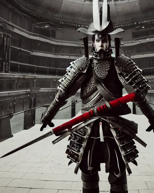 Image similar to photoreal professional character concept art, physically based octane render of a musicpunk samurai, wearing epic level 99 armour :: cinematic action posing, full view, epic, centered composition, beautiful, a vast orchestra chamber hall in the background