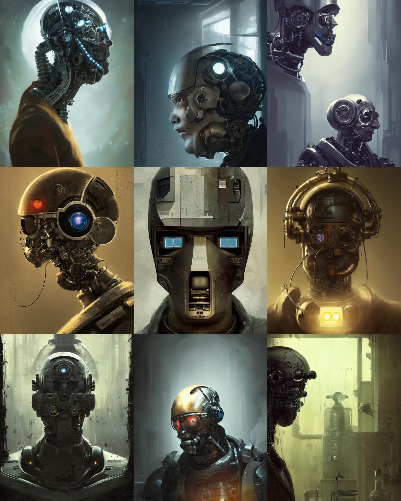 Prompt: a half - masked curious laboratory engineer man with cybernetic enhancements as seen from a distance, scifi character portrait by greg rutkowski, esuthio, craig mullins, 1 / 4 headshot, cinematic lighting, dystopian scifi gear, gloomy, profile picture, mechanical, half robot, implants, steampunk