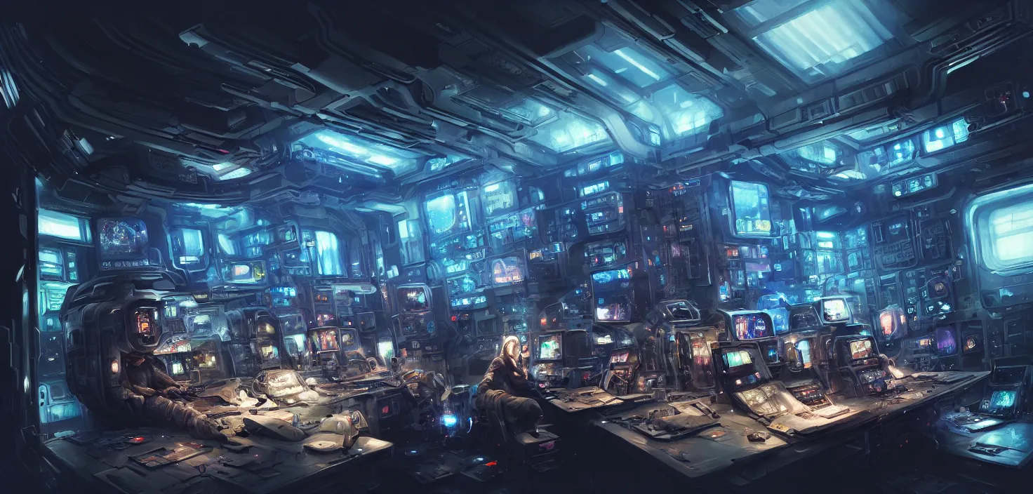 Image similar to a hyper detailed octane render concept art by xision wu, kerem beyit, sandara tang portrait of cyberpunk panel control spaceship room, dim lighting, detailed portraits, unreal engine 5, highly rendered, digital painting, hyper realistic, photo realistic, artstation, concept art, smooth, sharp focus perfect horizontal, symmetry illustration, detailed and intricate environment artstation hq