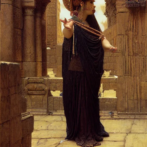 Prompt: orientalist portrait of a mesopotamian woman with thick black bangs and curls standing outside sandstone ruins intricate artwork by john william waterhouse and Edwin Longsden Long and Theodore Ralli and Henryk Siemiradzki. trending on artstation, very coherent symmetrical artwork high detail 8k