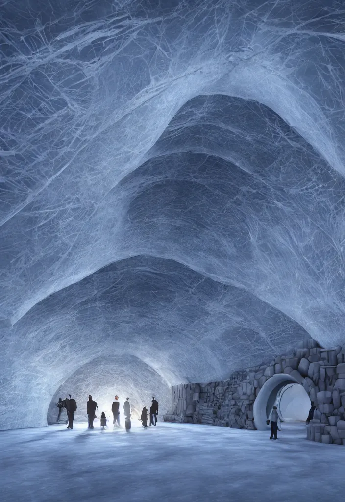 Image similar to Multiple connecting tunnels in antartica with a thin ice roof that reflect the sun in a beautiful way, multiple native people dancing in the tunnels around campfires and igloos, facinating and imposing, fantasy digital art, octane render, beautiful composition, trending on artstation, award-winning photograph, masterpiece