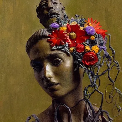 Image similar to a sculpture portrait made of ceramic and metal and flowers and plants, painting part by wojciech siudmak, part by ilya repin, part by max ernst, part by norman rockwell, artstation