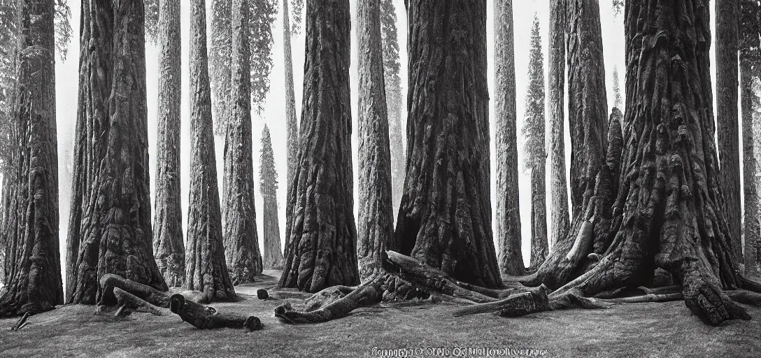 Image similar to house built into and inside a single giant sequoia surrounded by grove of dead birches. photograph by jerry uelsmann. fujinon premista 1 9 - 4 5 mm t 2. 9. portra 8 0 0.