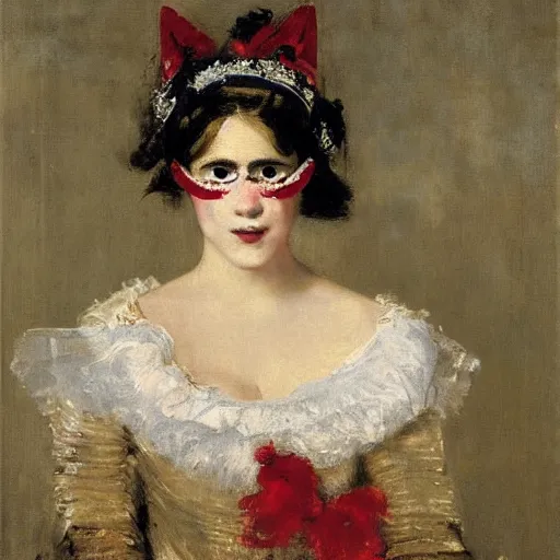 Prompt: portrait of a young woman wearing a carneval mask by alfred stevens