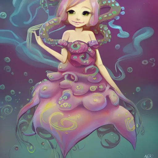 Image similar to a cute octopus girl with a flowy dress under the sea trending on art station fantasy style