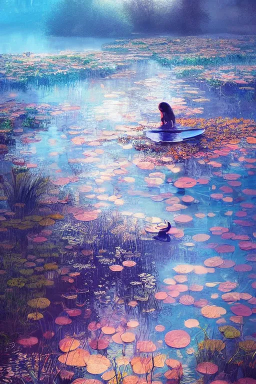 Image similar to nenufar in a pond, colorful, blue backgroung,clean, joyful, intricate, elegant, volumetric lighting, scenery, digital painting, highly detailed, artstation, sharp focus, illustration, concept art, ruan jia, steve mccurry