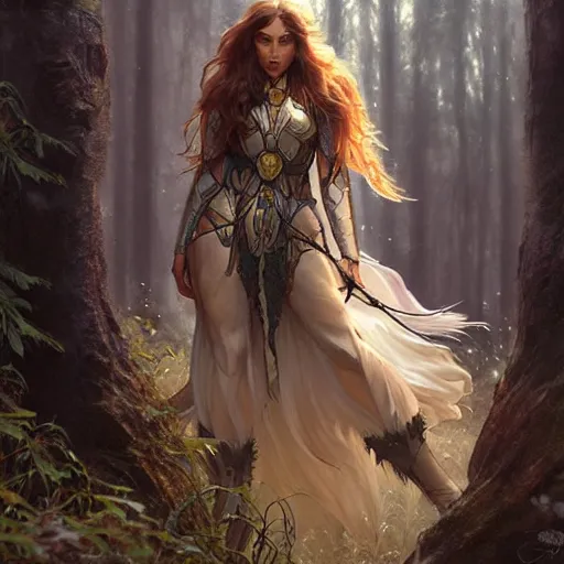 Image similar to photo of a humanoid female wolf were a heroic dress an armour in the forest, long hair, highly detailed, digital painting, artstation, smooth, sharp focus, illustration, art by artgerm and greg rutkowski and alphonse mucha