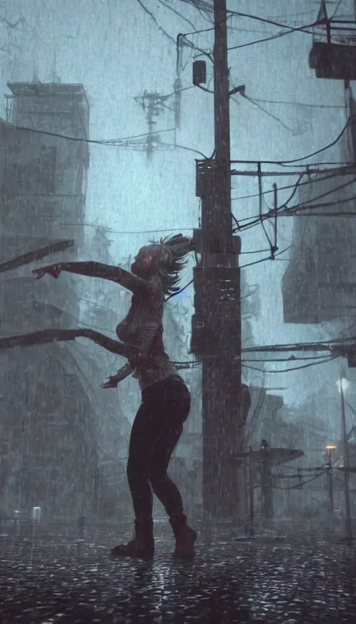 Image similar to dancing in the rain, post apocalyptic, horror, hyperdetailed, hyperrealistic, nature, soma game art style