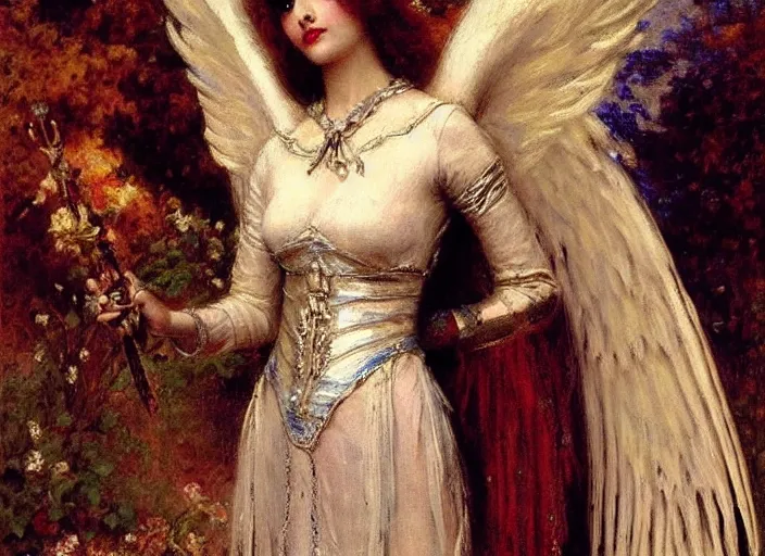 Image similar to horizontal prtrait of an angel knight gothic girl, baroque dress. by gaston bussiere