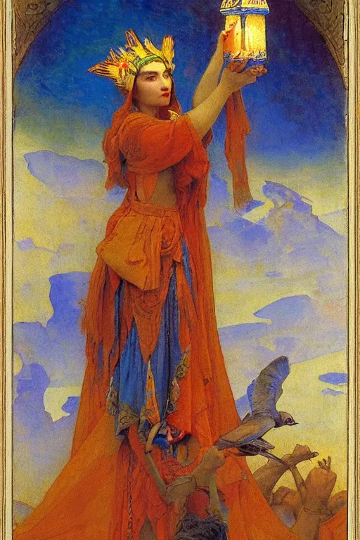 Image similar to queen of the dawn with her lantern and birds, by Nicholas Roerich and Gaston Bussière and jean delville and Annie Swynnerton, elaborate headdress and embroidered velvet, iridescent beetles, rich color, dramatic cinematic lighting, extremely detailed