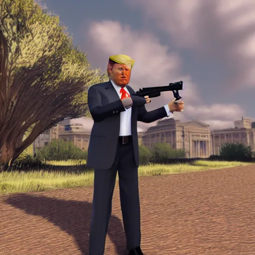 Prompt: Donald trump holding the physics gun in gm_flatgrass, Garry’s mod in game screenshot,