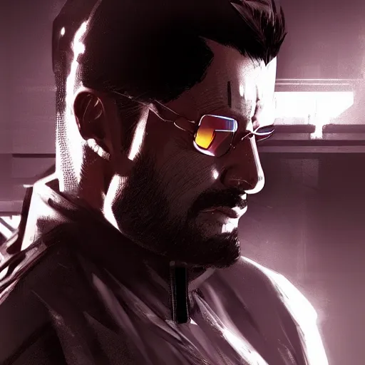 Image similar to Adam Jensen from Deus Ex as a GTA character, by Cedric Peyravernay, highly detailed, excellent composition, cinematic concept art, dramatic lighting, trending on ArtStation