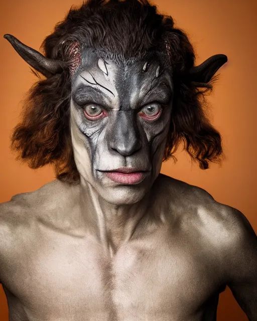 Prompt: actor Mick Jagger in Elaborate Pan Satyr Goat Man Makeup and prosthetics designed by Rick Baker, Hyperreal, Head Shots Photographed in the Style of Annie Leibovitz, Studio Lighting