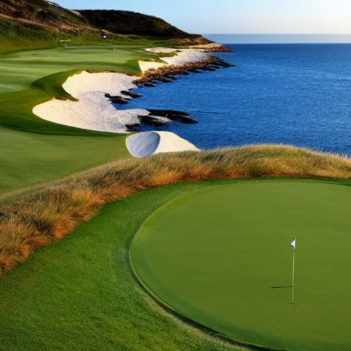 Prompt: a great photo from the teebox of the most amazing golf hole in the words, cliffs by the sea, perfect green fairway, ambient light