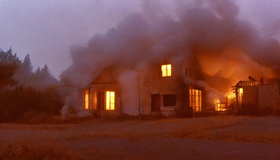 Image similar to 1 9 7 0 s movie still of a heavy burning french style little house by night in autumn, in a small northern french village, by sony mini dv camera, heavy grain, low quality, high detail, dramatic light, anamorphic, flares