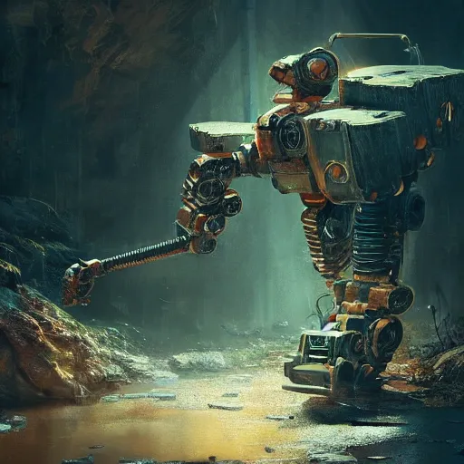 Image similar to a rusty robot lays forgotten in a slightly wet natural underground cave, made by Stanley Artgerm Lau, WLOP, Rossdraws, ArtStation, CGSociety, concept art, cgsociety, octane render, trending on artstation, artstationHD, artstationHQ, unreal engine, 4k, 8k,