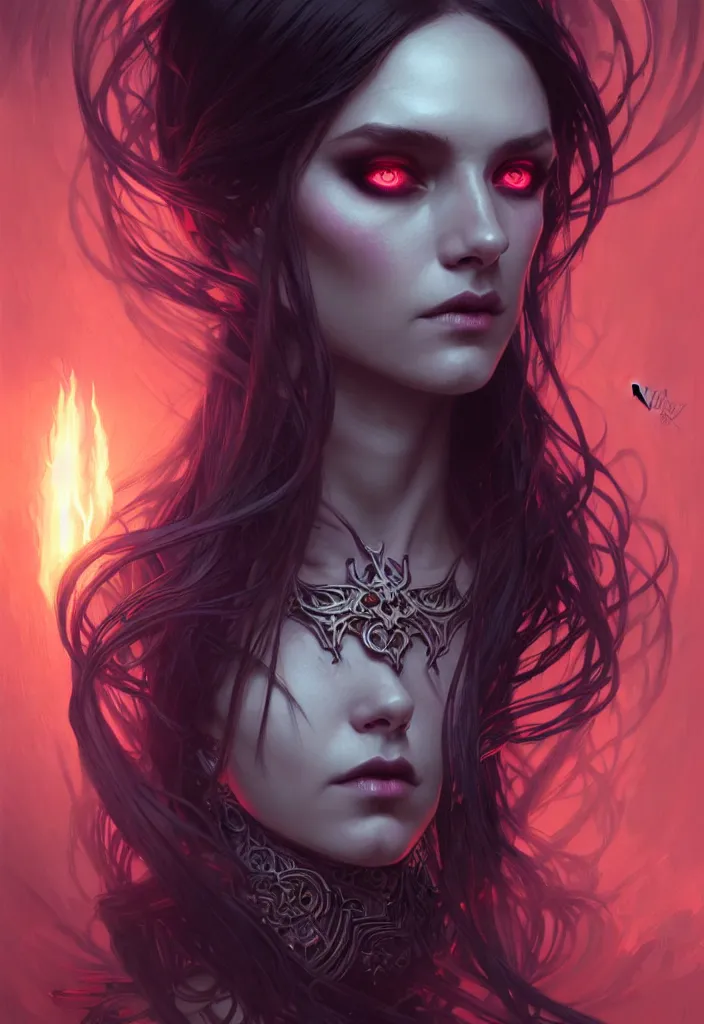 Image similar to Necromancer Sorceress filled background around face, fantasy magic, undercut hairstyle, dark light night, intricate, elegant, sharp focus, illustration, highly detailed, digital painting, concept art, matte, art by WLOP and Artgerm and Greg Rutkowski and Alphonse Mucha, masterpiece