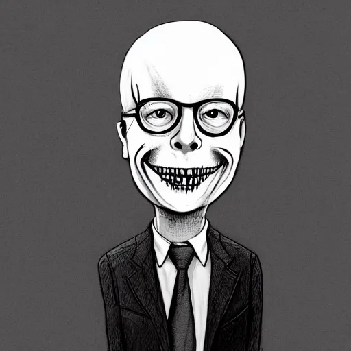 Image similar to grunge drawing of Klaus Schwab in the style of jack skellington and Jacob Shaw,creepy, surreal, trending on artstation, bold and vivid colour