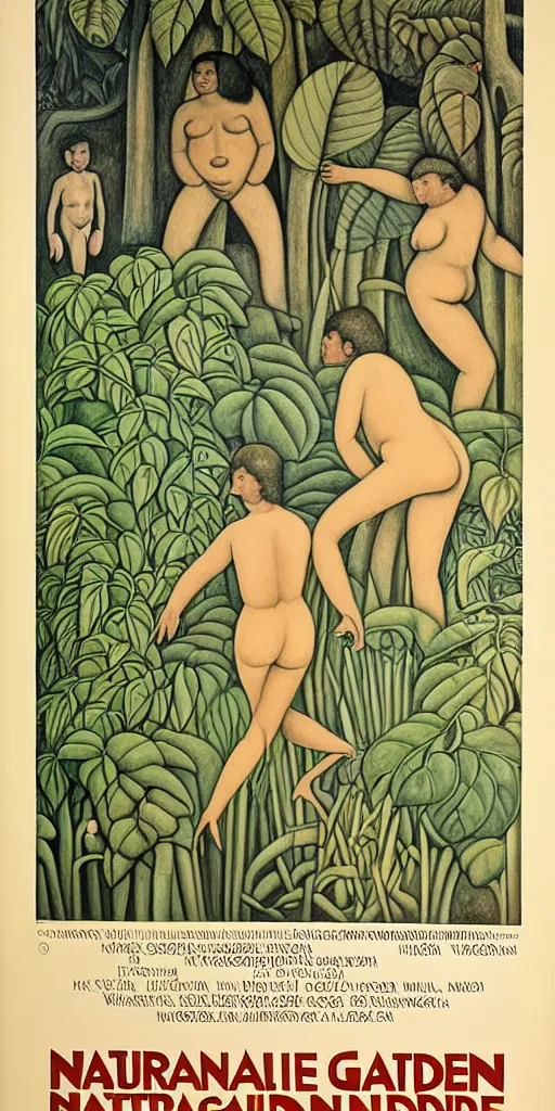 Image similar to 1980 naturist garden movie poster, drawings in part by Diego Rivera, part by Ernst Haekl, text by William S Boroughs, written by Michael Ende