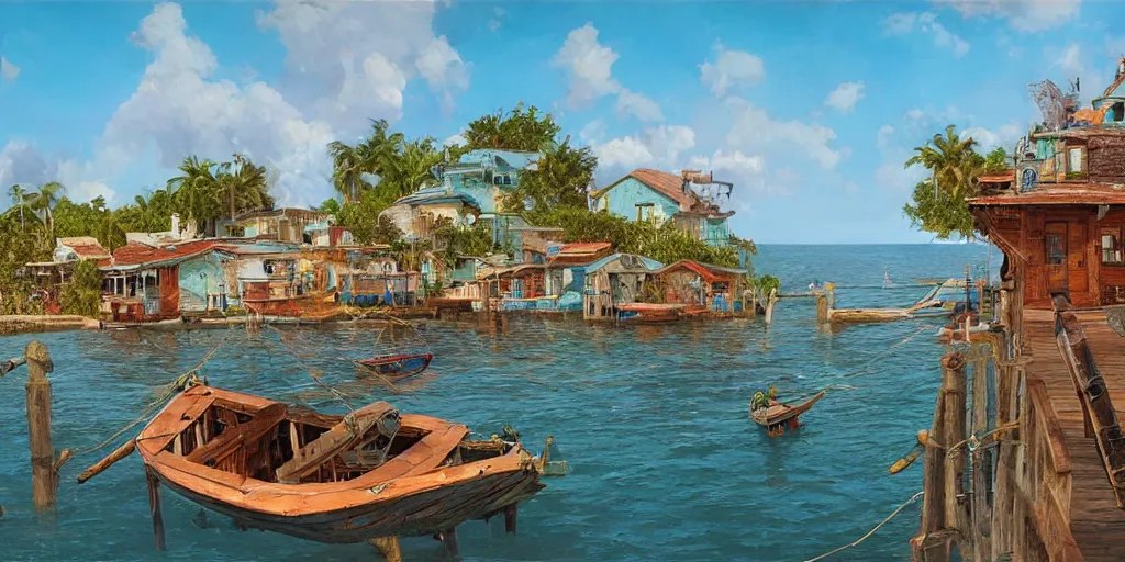 Image similar to a little fisher village in cuba, wood pier and houses, nets and boats, house made with boat parts, scenic view, bright day, hyper realistic, matte painting by marc simonetti and rhads and donato giancola, trending on artstation