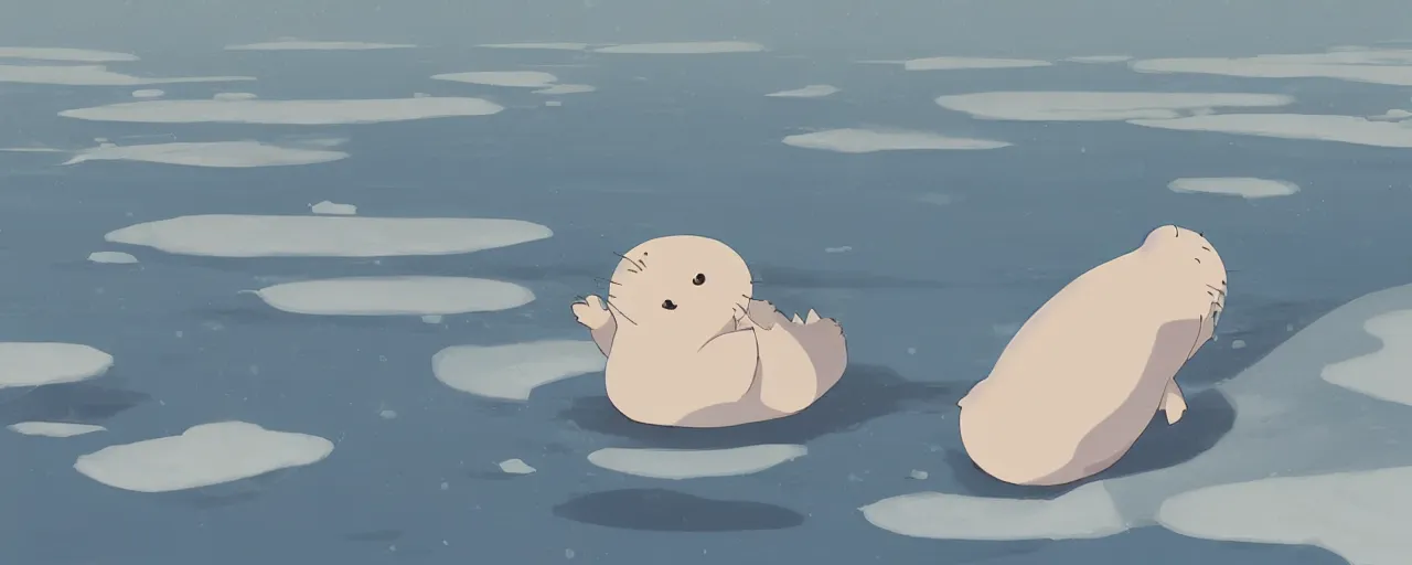 Image similar to a baby harp seal looking distressed, floating on ice away from land, atey ghailan, goro fujita, studio ghibli, rim light, gray lighting, clear focus, very coherent,