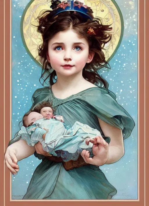 Image similar to a cute little girl with a round cherubic face, blue eyes, and short wavy light brown hair smiles as she floats in space with stars all around her. she is wearing a turquoise dress. beautiful painting by artgerm and greg rutkowski and alphonse mucha and irakli nadar