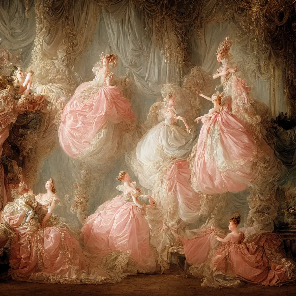 Prompt: cinderella, palace dance, dress in the style of rococo, dreamy, romantic, night lighting, highly detailed, fashion editorial by jean - honore fragonard, 8 k