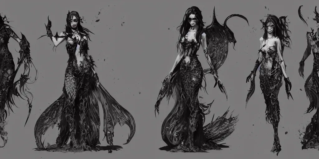 Image similar to gothic mermaid character designs, Greg Rutkowski, character sheet, kim jung gi, Darek Zabrocki, Karlkka, Jayison Devadas, Phuoc Quan, trending on Artstation, 8K, ultra wide angle, pincushion lens effect