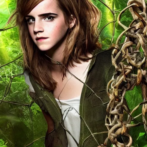 Image similar to enranged emma watson tangled and stuck in jungle vines