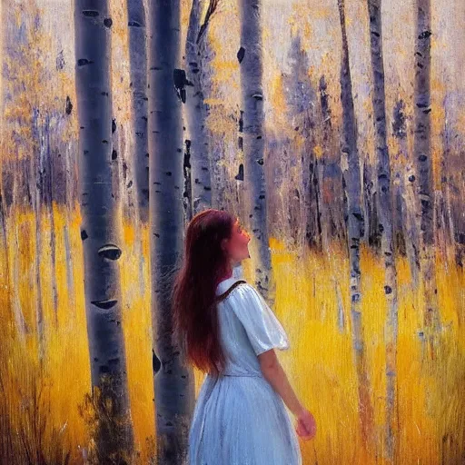 Image similar to “ woman with long hair, summer dress, standing between aspen trees in an aspen forest, style of jeremy lipking, joseph todorovitch ”