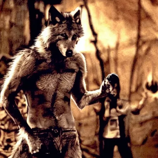 Prompt: a anthro wolf sorcerer fight club movie still