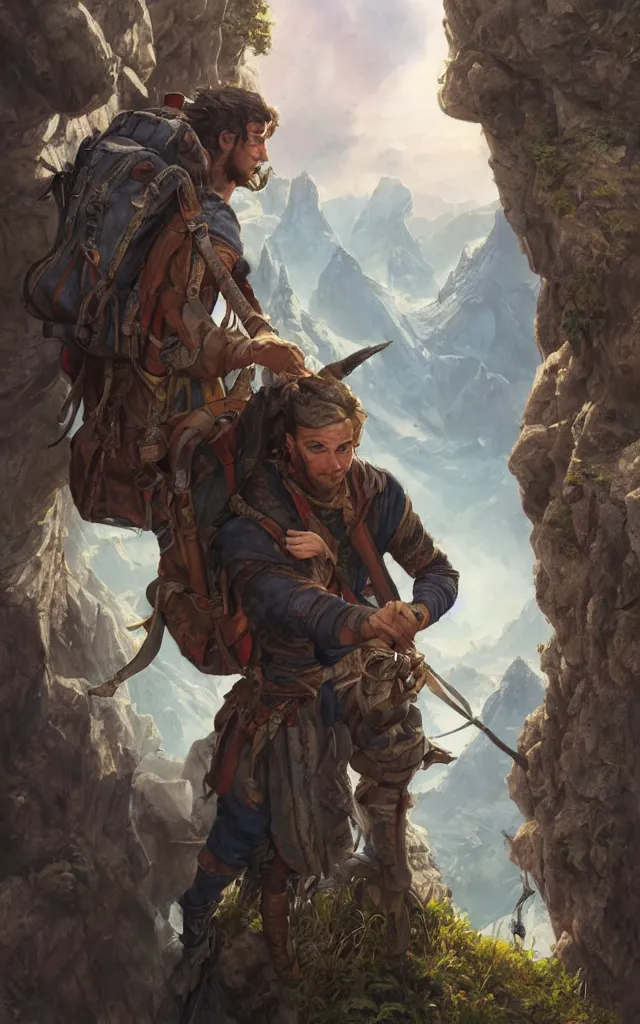 Prompt: an oil art close - up portrait painting of young handsome fool adventurer with adventurer hiking backpack, grim gwent card, gipsy mage adventurer character design from inquisition, climbing up a cliffside, 4 k, ultra detail, volumetric lighting, unreal engine, octane render, by tom bagshaw, andreas rocha, karol bak, artgerm