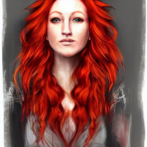 Image similar to a highly detailed headshot portrait of a beautiful red haired woman wearing a dress made of fire concept art