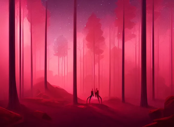 Image similar to red forest liminal space, night, artgerm, rutkowski, tooth wu, beeple, and intricate