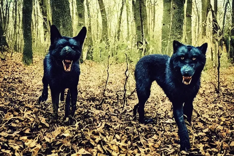 Prompt: !! werecreature canine, photograph captured in the woods