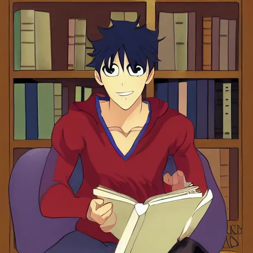 Prompt: shy handsome muscular vampire who is reading a book in a library, tan skin, underbite, short hair, Makoto Shinkai, detailed, concept art