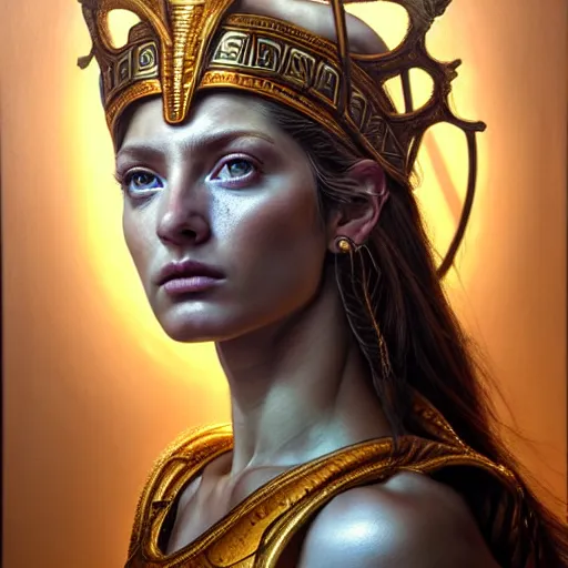 Image similar to hyperrealistic mixed media painting of beautiful goddess Athena, stunning 3d render inspired art by P. Craig Russell and Barry Windsor-Smith, perfect facial symmetry, dim volumetric lighting, 8k octane beautifully detailed render, post-processing, portrait, extremely hyper-detailed, intricate, epic composition, brown eyes, cinematic lighting, masterpiece, trending on artstation, very very detailed, masterpiece, stunning