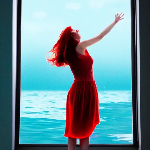 Prompt: a hyper realistic image of a very beautiful red haired girl standing near a window, she is facing the camera, a dolphin is swimming in the sky