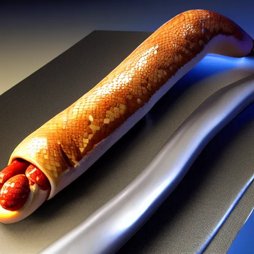 Prompt: photorealistic snake hotdog. hyperdetailed photorealism, 1 0 8 megapixels, amazing depth, high resolution, 3 d shading, 3 d finalrender, 3 d cinematic lighting, glowing rich colors, artstation concept art.