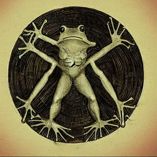 Image similar to vitruvian frog, sketch by Leonardo da Vinci