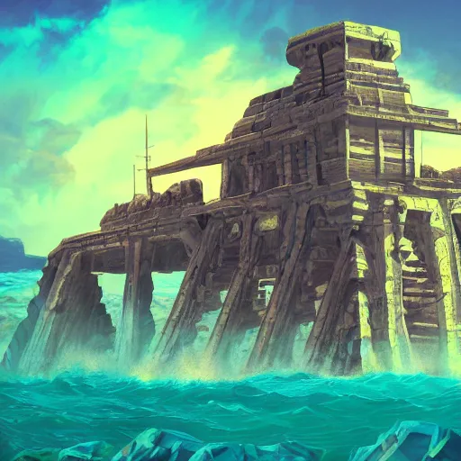 Image similar to ancient structure in the sea, retrowave epic art, trending on art station
