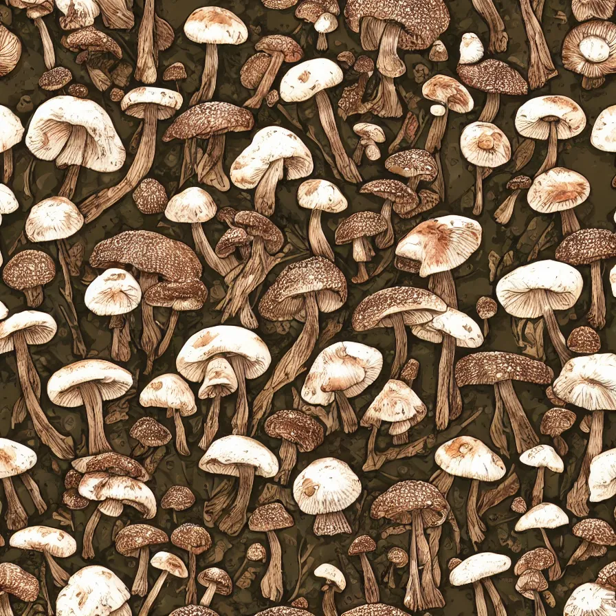 Image similar to macro photo with a mushroom characters and mycelium, very close to real nature, natural colors and natural surroundings, painted patterns and coloring on mushrooms, seamless fabric pattern 8K, highly detailed.