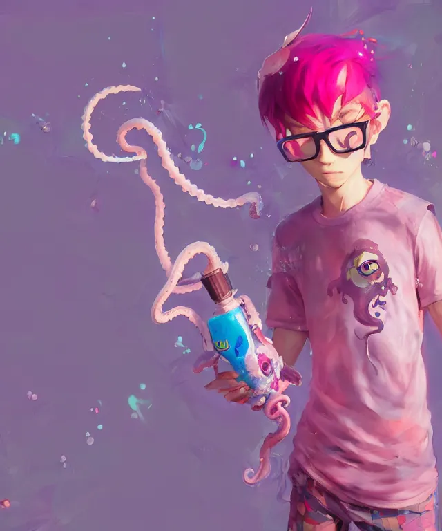 Prompt: a beautiful fullbody portrait of a cute splatoon anime boy with pink tentacle hair wearing tshirt leggings under shorts no glasses character design by cory loftis, fenghua zhong, ryohei hase, ismail inceoglu and ruan jia. artstation, volumetric light, detailed, photorealistic, fantasy, rendered in octane