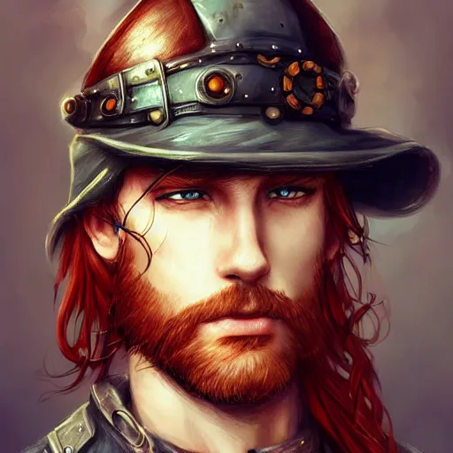 Image similar to rugged ship captain, male, handsome, red hair, long hair, handsome, fantasy, intricate, elegant, highly detailed, piercing eyes, steampunk, digital painting, artstation, concept art, character art, smooth, sharp focus, illustration, art by artgerm