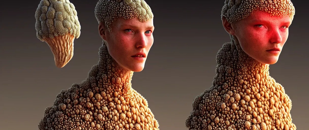 Image similar to hyperrealist highly detailed english medieval portrait of high fashion model wearing fungal fungus fungal growpth mycelia mycel mycelia funal spores spores mycel network armor, lopsided obscure body shape, radiating atomic neon corals, concept art pascal blanche dramatic studio lighting 8k wide angle shallow depth of field