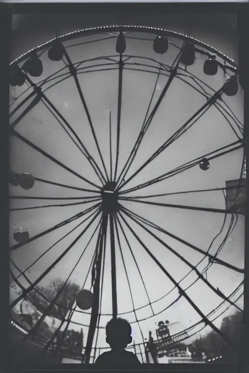 Image similar to photo polaroid of a sad and lonely child in the middle of a street holds the string of a balloon in front of him a Ferris wheel of a funfair, loneliness, black and white ,photorealistic, 35mm film,