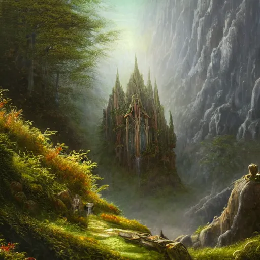 Prompt: a beautiful and highly detailed oil painting of an elven temple in the mountains, detailed trees and cliffs, leafy plants, grass and flowers, swirling mist, tall misty mountains, epic forests, intricate details, epic scale, insanely complex, 8 k, sharp focus, hyper realism, fantasy landscape, psychedelic, by caspar friedrich,