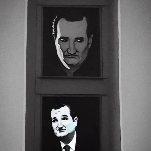 Image similar to Ted Cruz stands alone, the last man on earth, black and white, creepy lighting, scary, horror, ornate, eerie, fear, oil painting