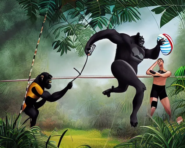 Prompt: gorilla and batman playing volleyball in a jungle with a volleyball, volleyball net, digital illustration, inspired by greg rutkowski and artgerm, high detail