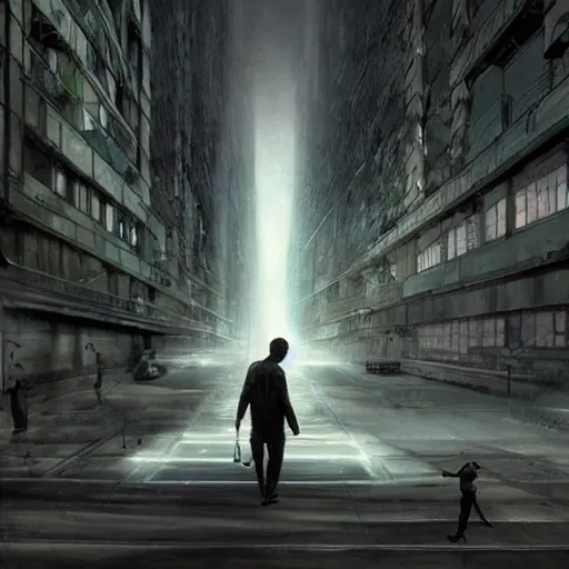 Prompt: a man walking into the matrix, concept art, illustration, highly detailed, artwork, cinematic, hyper realistic